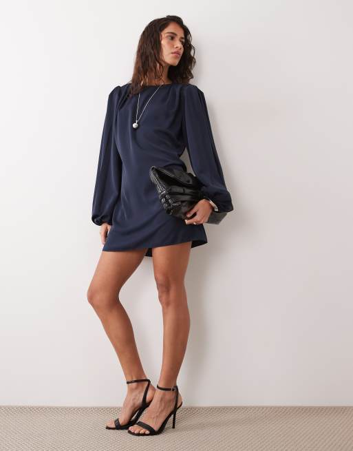 asos long sleeve formal dresses DESIGN crew neck mini dress with volume in navy long long sleeve satin dress