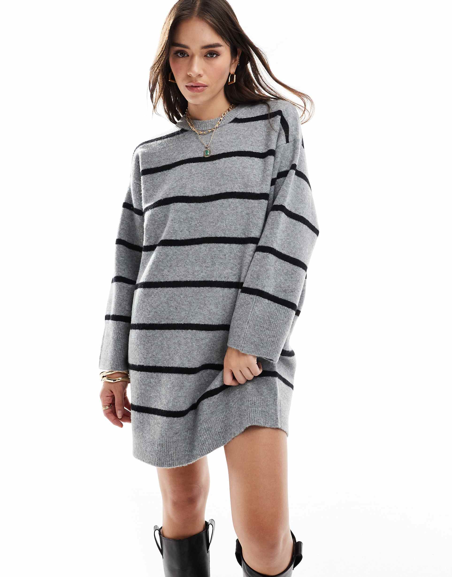 asos design crew neck mini dress with wide cuff in gray stripe