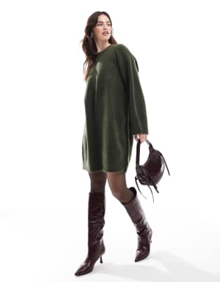 crew neck mini dress with wide cuff in khaki-Green