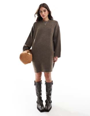 crew neck mini dress with wide cuff in mocha-Brown