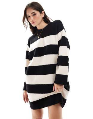 ASOS DESIGN crew neck mini dress with wide cuff in mono stripe-Multi