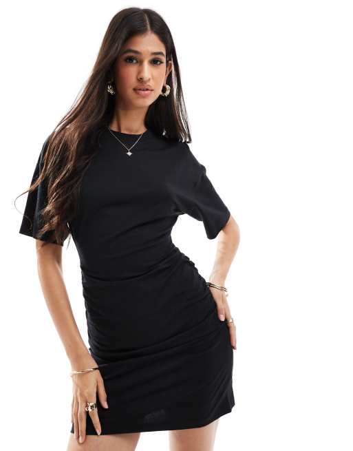 ASOS DESIGN grown on neck mini dress with ruched sides in black