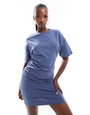 crew neck mini T-shirt dress with ruched sides in denim blue