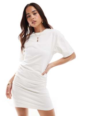 ASOS DESIGN crew neck mini t shirt dress with ruched sides in ivory-White