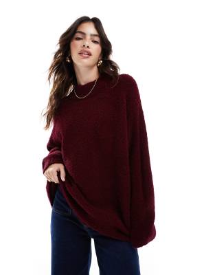ASOS DESIGN crew neck oversized boucle jumper in burgundy-White