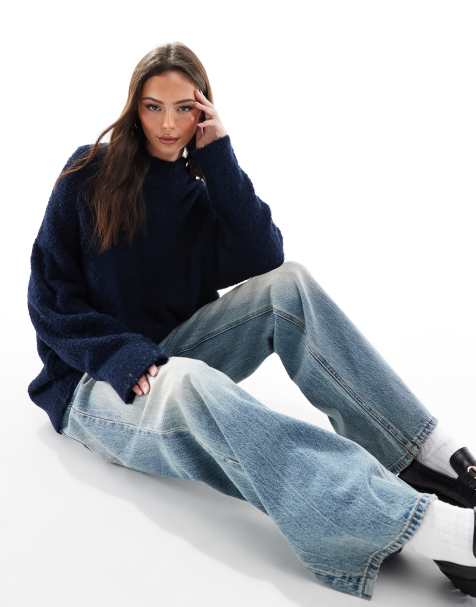 ASOS DESIGN crew neck oversized boucle jumper in navy - view 1