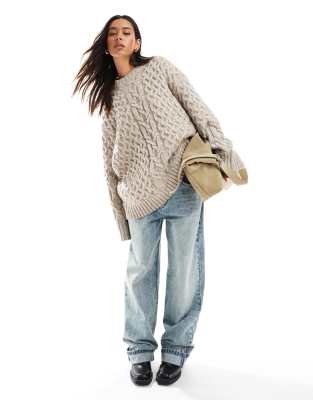 Asos Design Crew Neck Oversized Cable Knit Sweater In Oatmeal-neutral
