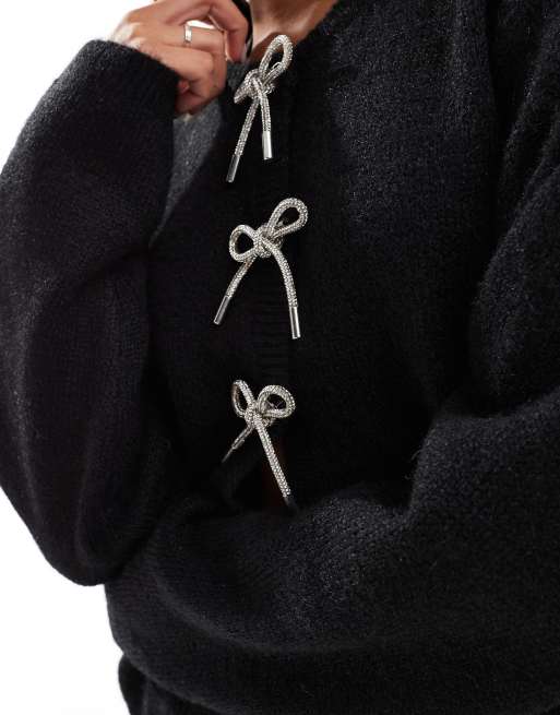 ASOS DESIGN crew neck oversized cardigan with diamante bow buttons in black, 3 of 4