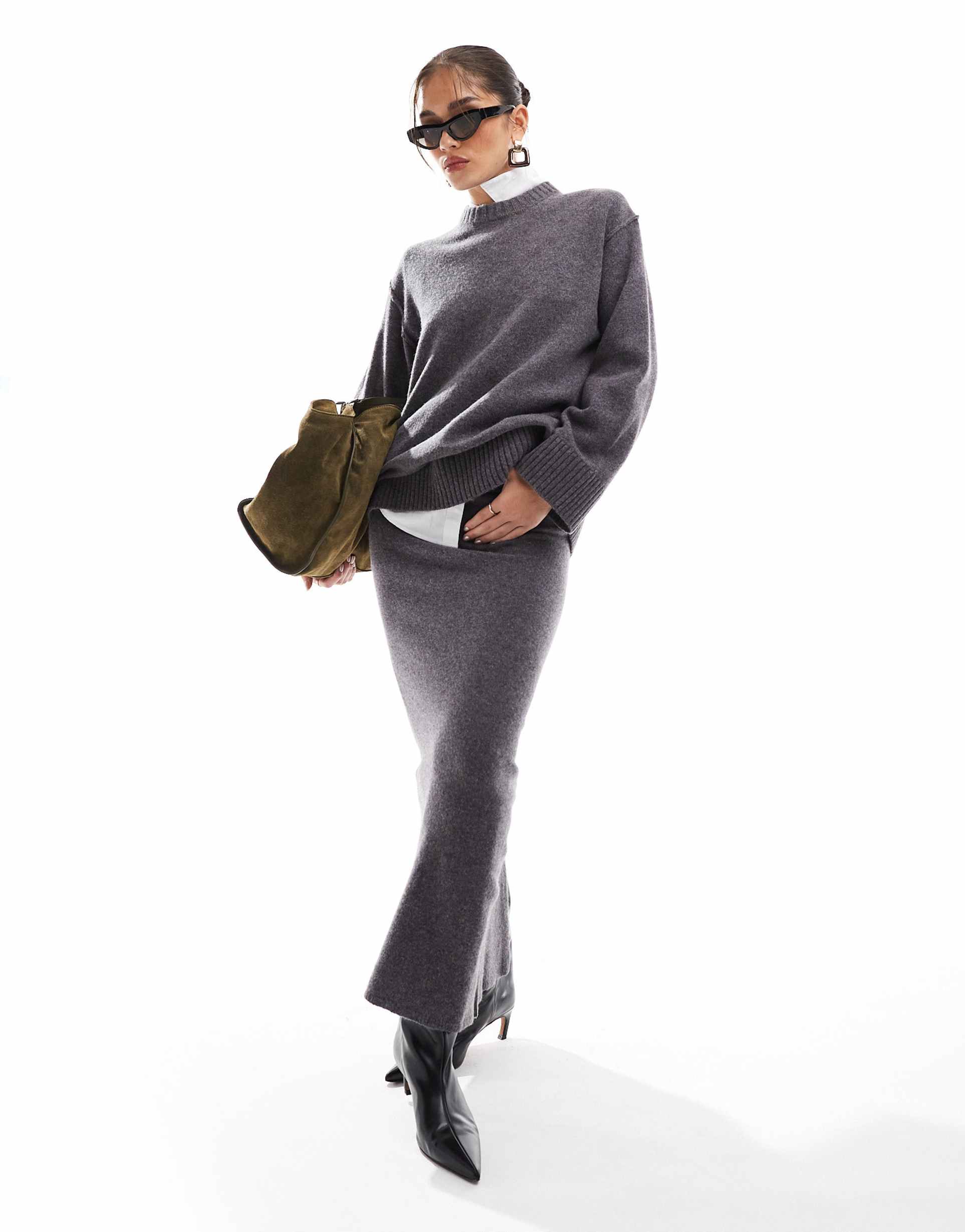 asos design crew neck oversized sweater with seam back detail in lambswool blend in charcoal - part of a set