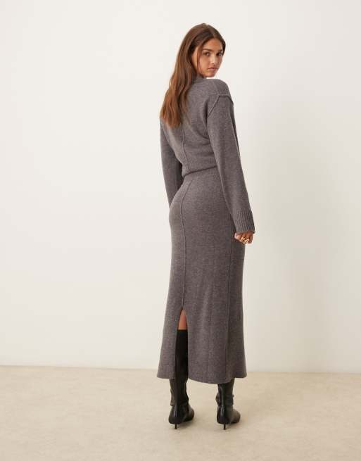 ASOS DESIGN crew neck oversized sweater with seam back detail knitted midi skirt set in lambswool blend in charcoal ASOS