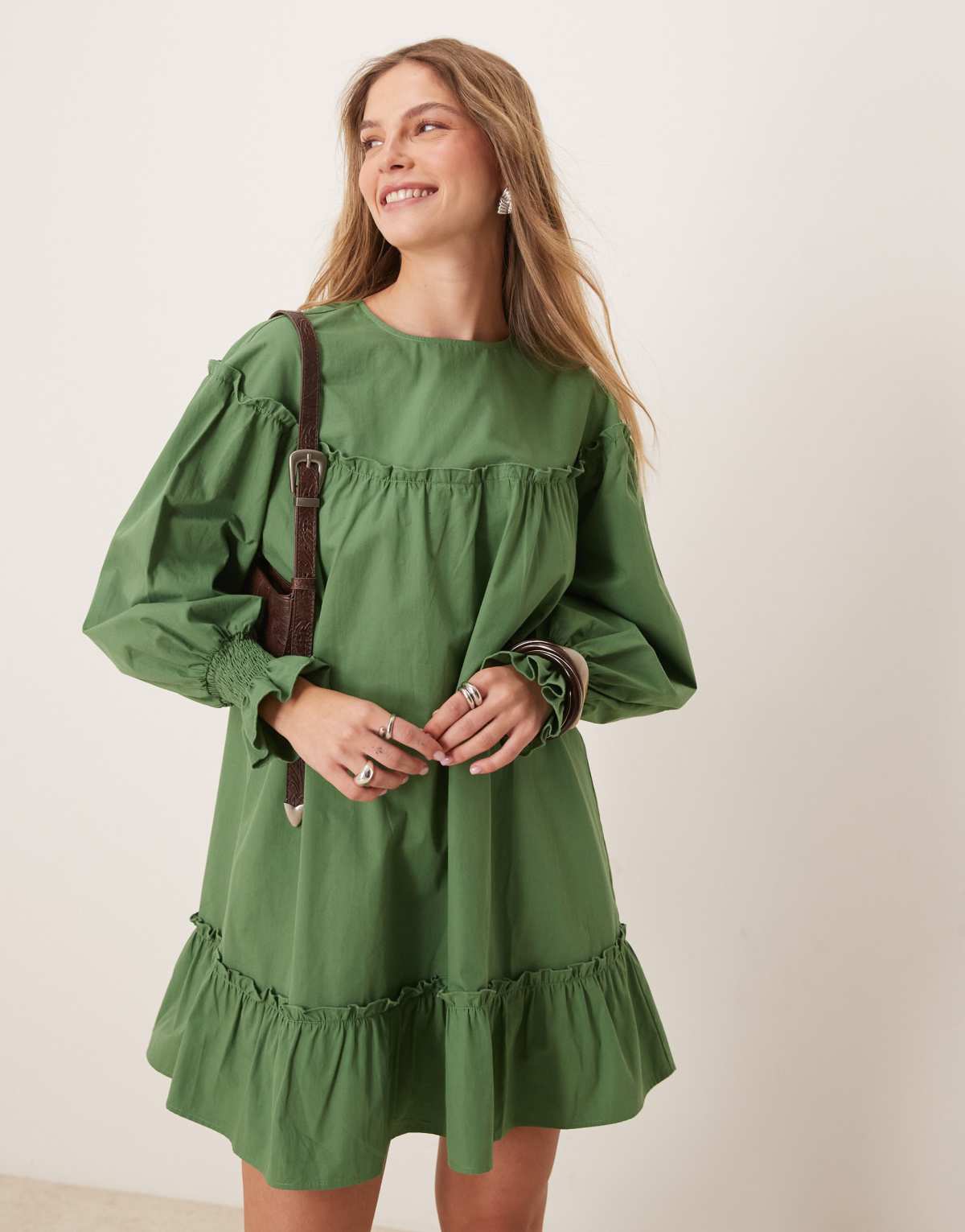 ASOS DESIGN crew neck poplin mini dress in green