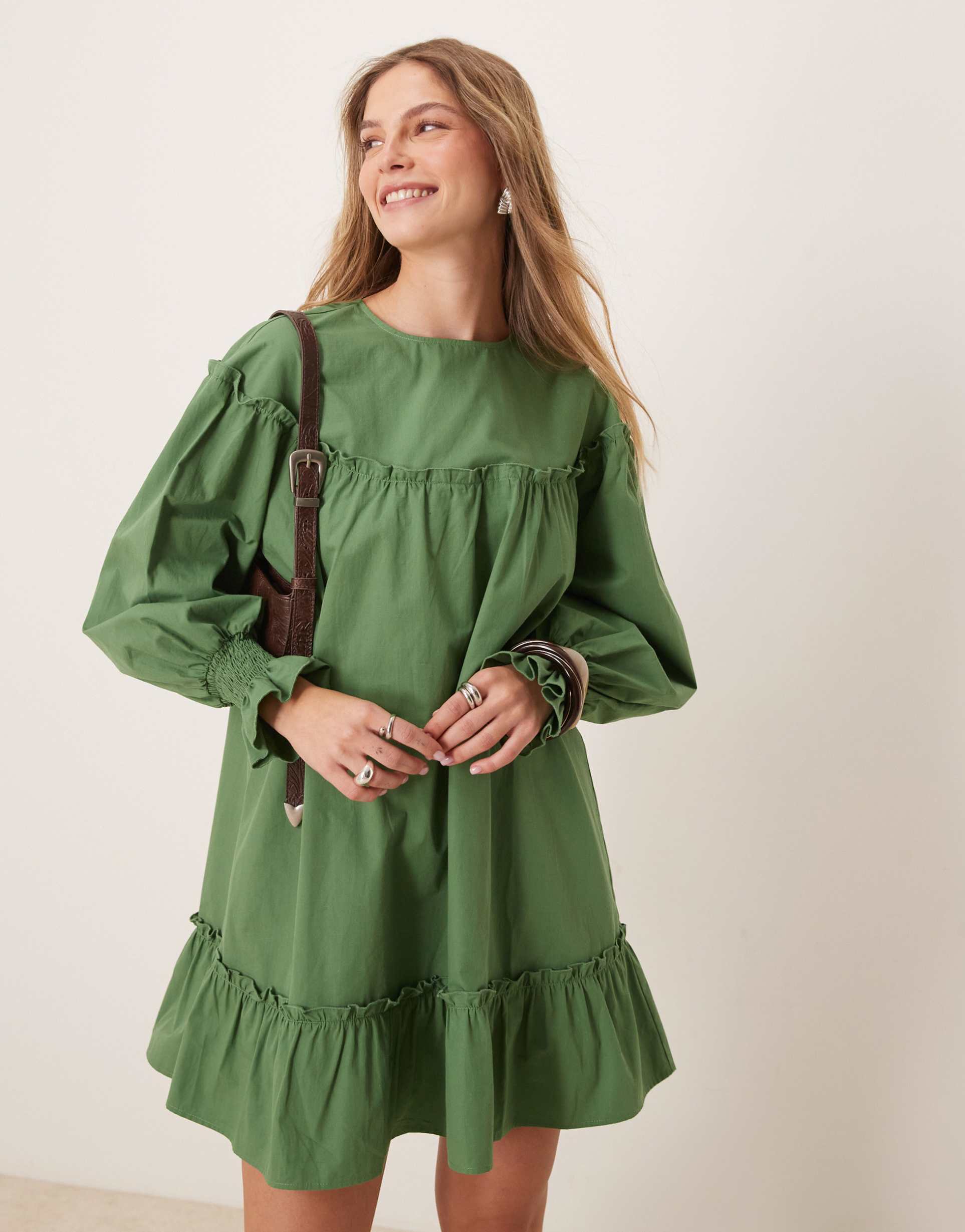 asos design crew neck poplin mini dress in green