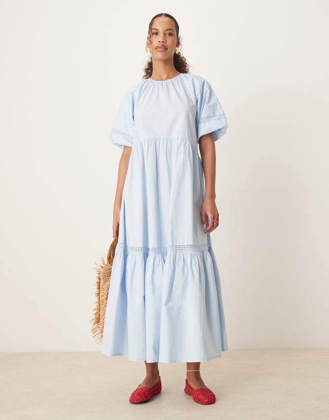 light blue prairie dress ASOS DESIGN crew neck maxi with puff sleeves and lace details in old west 1800's prairie dress
