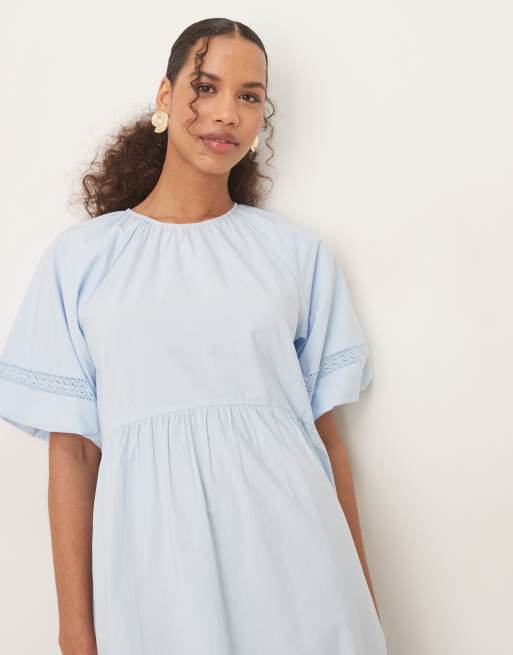 ASOS DESIGN crew neck prairie maxi dress with puff sleeves and lace details in blue