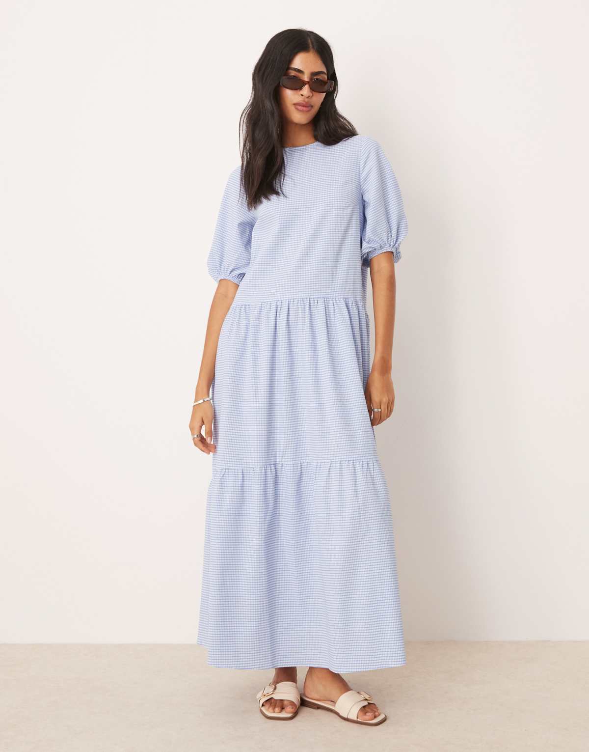 ASOS DESIGN crew neck puff sleeve tiered maxi dress in blue check