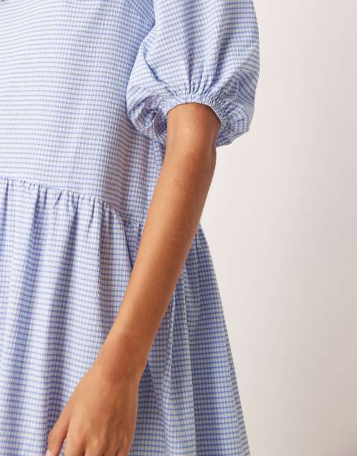 ASOS DESIGN crew neck puff sleeve tiered maxi dress in blue check, 4 of 4