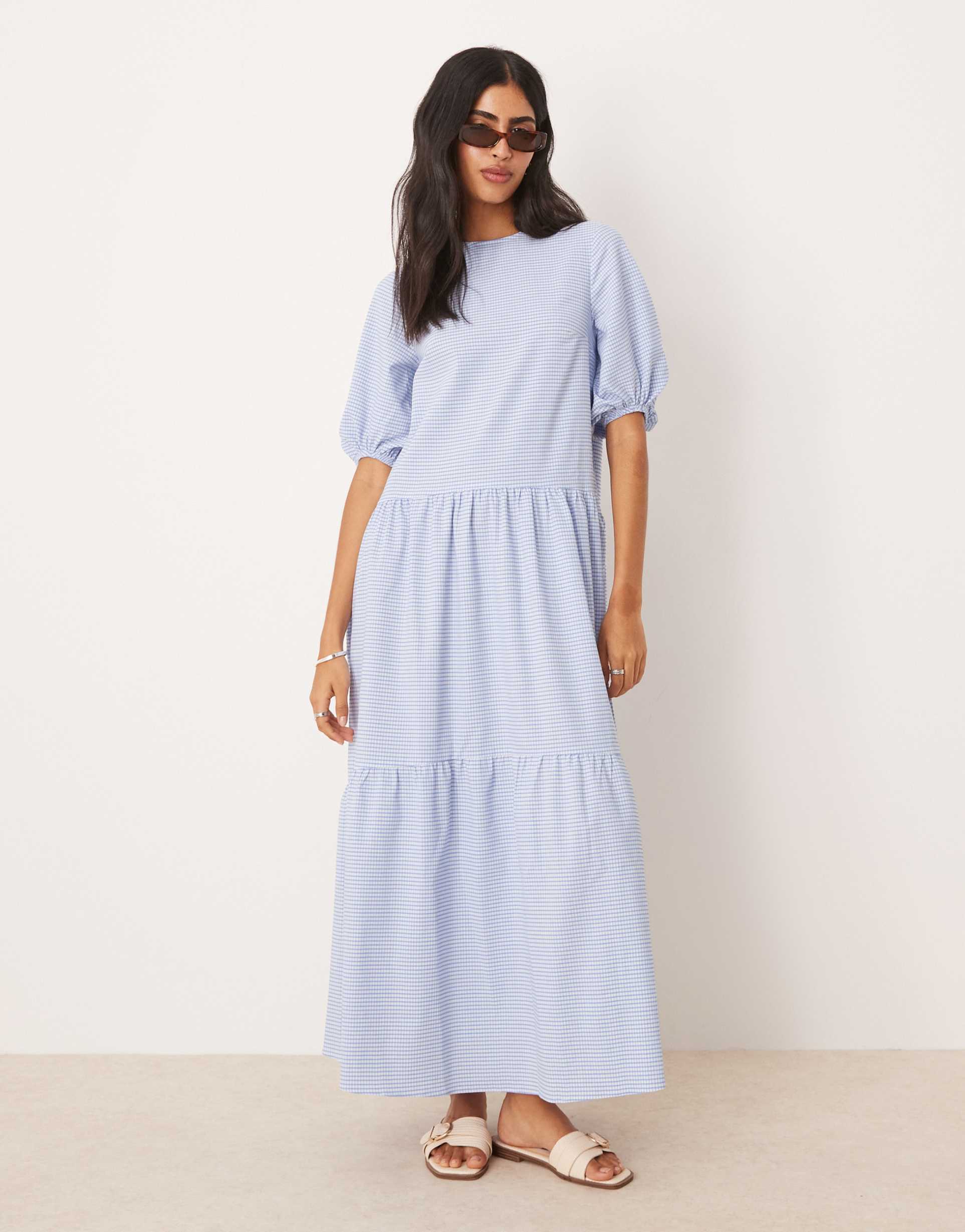 asos design crew neck puff sleeve tiered maxi dress in blue gingham
