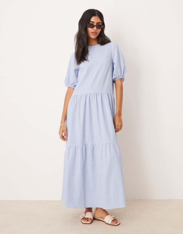 blue gingham puff sleeve dress ASOS DESIGN crew neck tiered maxi in blue gingham mini dress Missacc Ivory Evening Dresses sharon a. keyser or dress it up Size:us:10