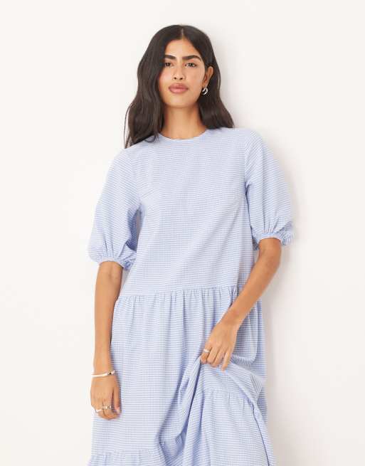 ASOS DESIGN crew neck puff sleeve tiered maxi dress in blue check