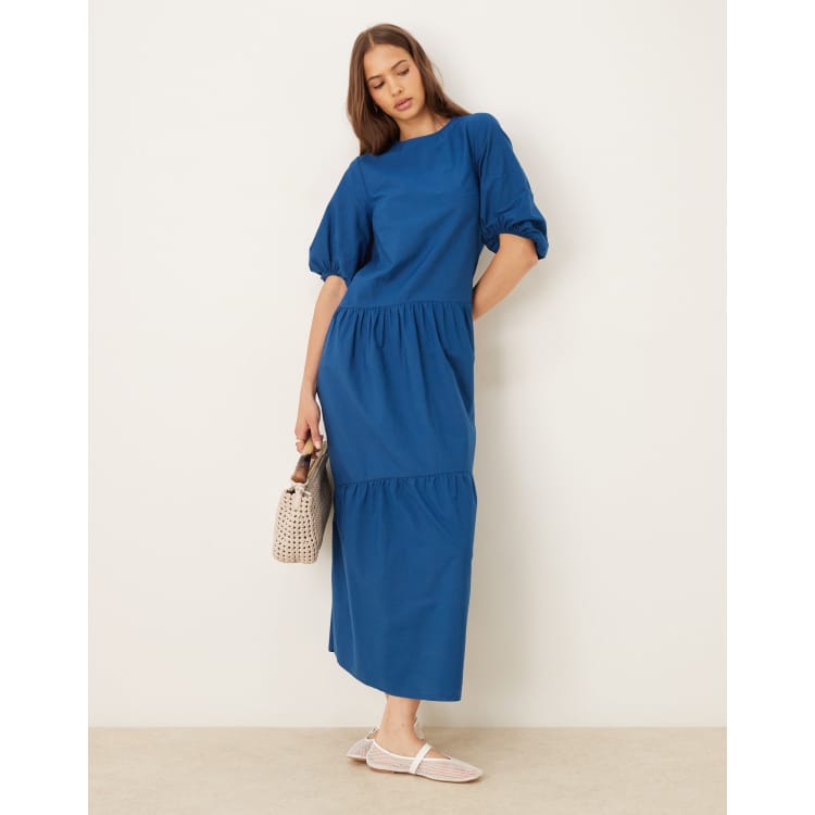 ASOS DESIGN crew neck puff sleeve tiered maxi dress in navy | ASOS