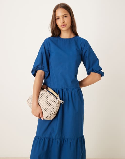 ASOS DESIGN crew neck puff sleeve tiered maxi dress in navy | ASOS