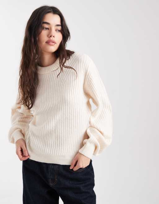 ASOS DESIGN crew neck rib detail jumper in cream, 3 of 4