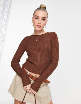 ASOS DESIGN crew neck rib knitted top in brown