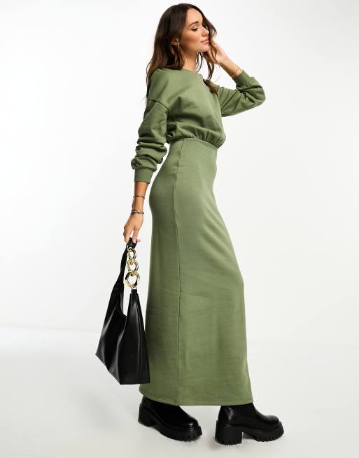 ASOS DESIGN crew neck ribbed blouson sleeve maxi dress in khaki, 3 of 4