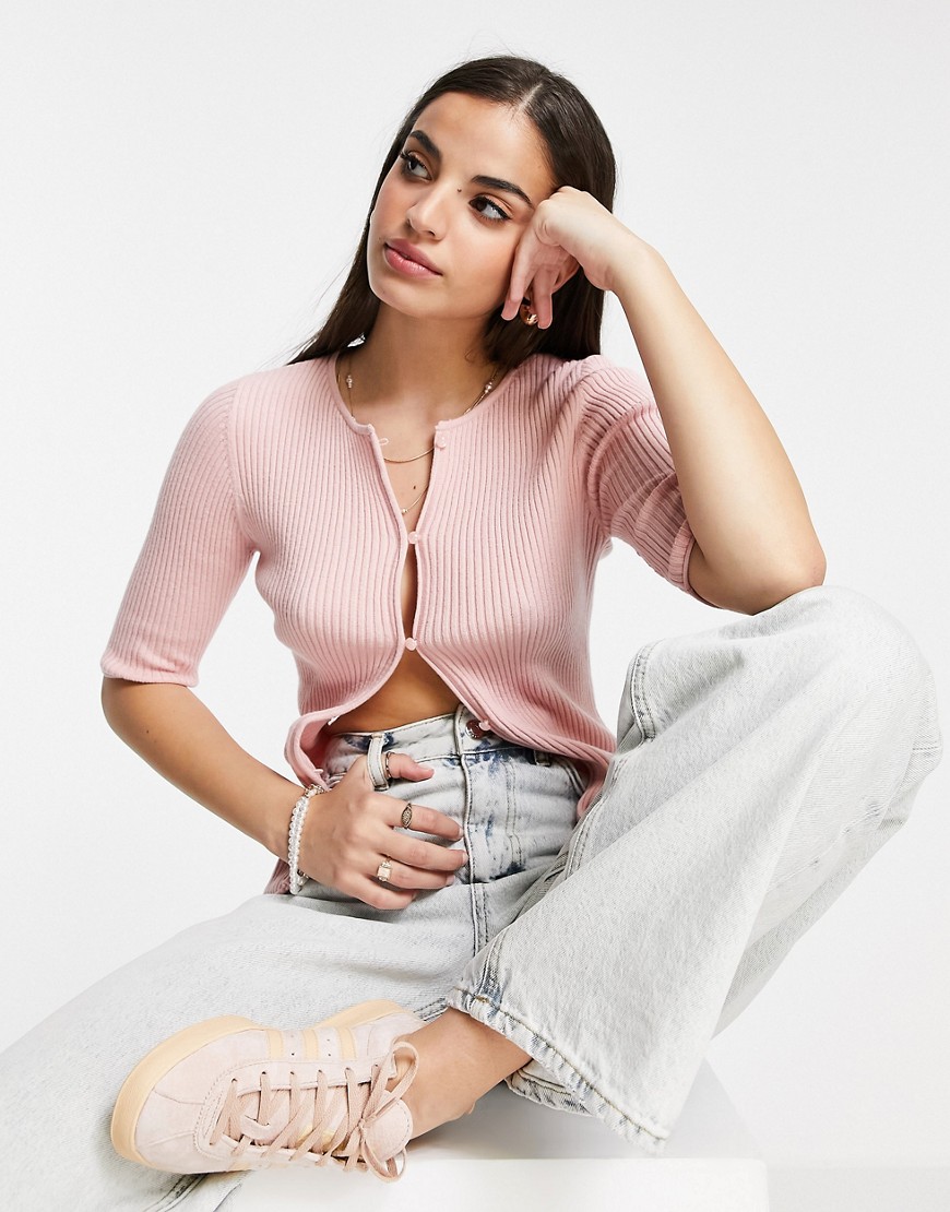 ASOS DESIGN crew neck ribbed cardi with short sleeve in pink
