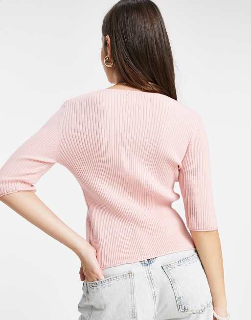ASOS DESIGN crew neck ribbed cardi with short sleeve in pink, 2 of 4