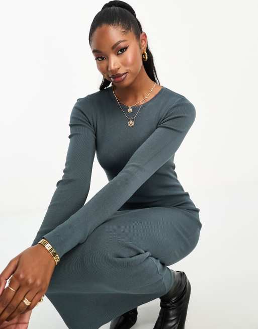ASOS DESIGN crew neck ribbed midi dress in slate gray | ASOS