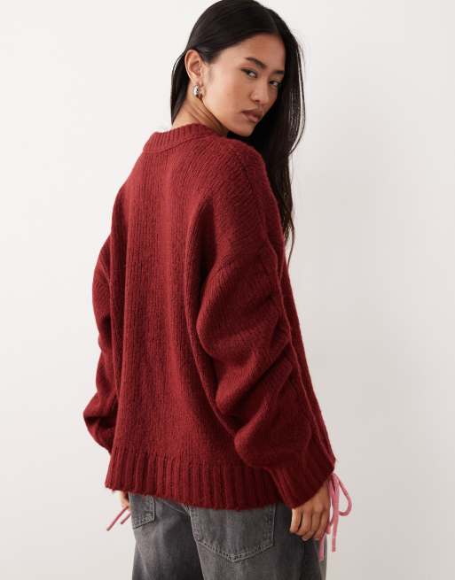 ASOS DESIGN crew neck ruched sleeve jumper in burgundy, 4 of 4