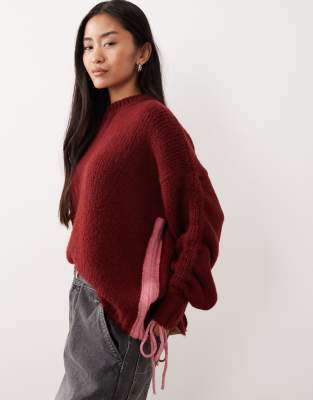 Asos Design Crew Neck Ruched Sleeve Sweater In Brown