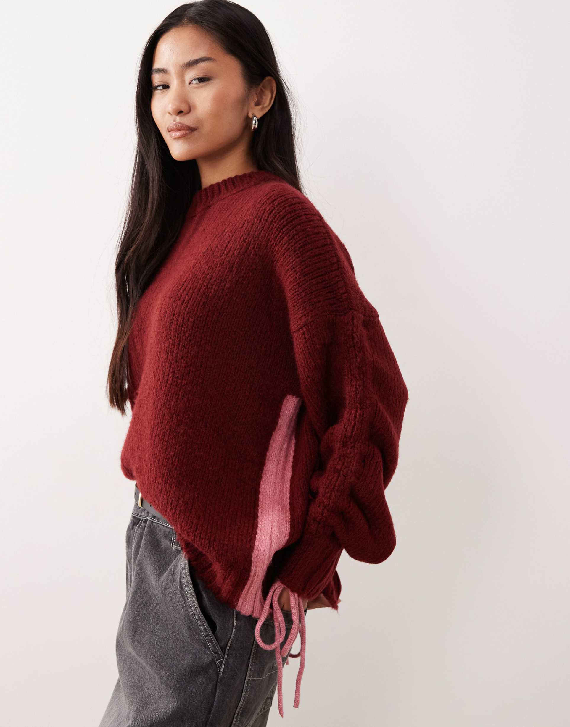 asos design crew neck ruched sleeve sweater in burgundy