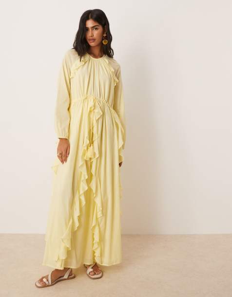 ASOS DESIGN crew neck ruched waist maxi dress with ruffles in lemon - view 1