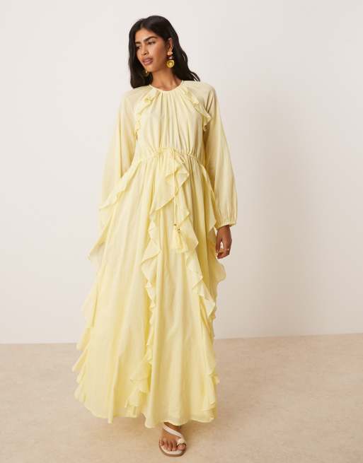 ASOS DESIGN crew neck ruched waist maxi dress with ruffles in lemon