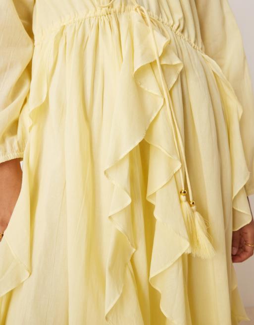 ASOS DESIGN crew neck ruched waist maxi dress with ruffles in lemon
