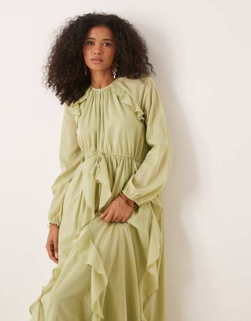 ASOS DESIGN crew neck ruched waist maxi dress with ruffles in muted green