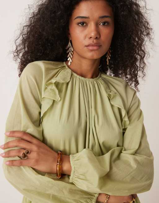 ASOS DESIGN crew neck ruched waist maxi dress with ruffles in muted green