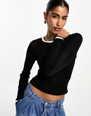 Asos Design Crew Neck Sheer Sweater With Contrast Tipping In Black
