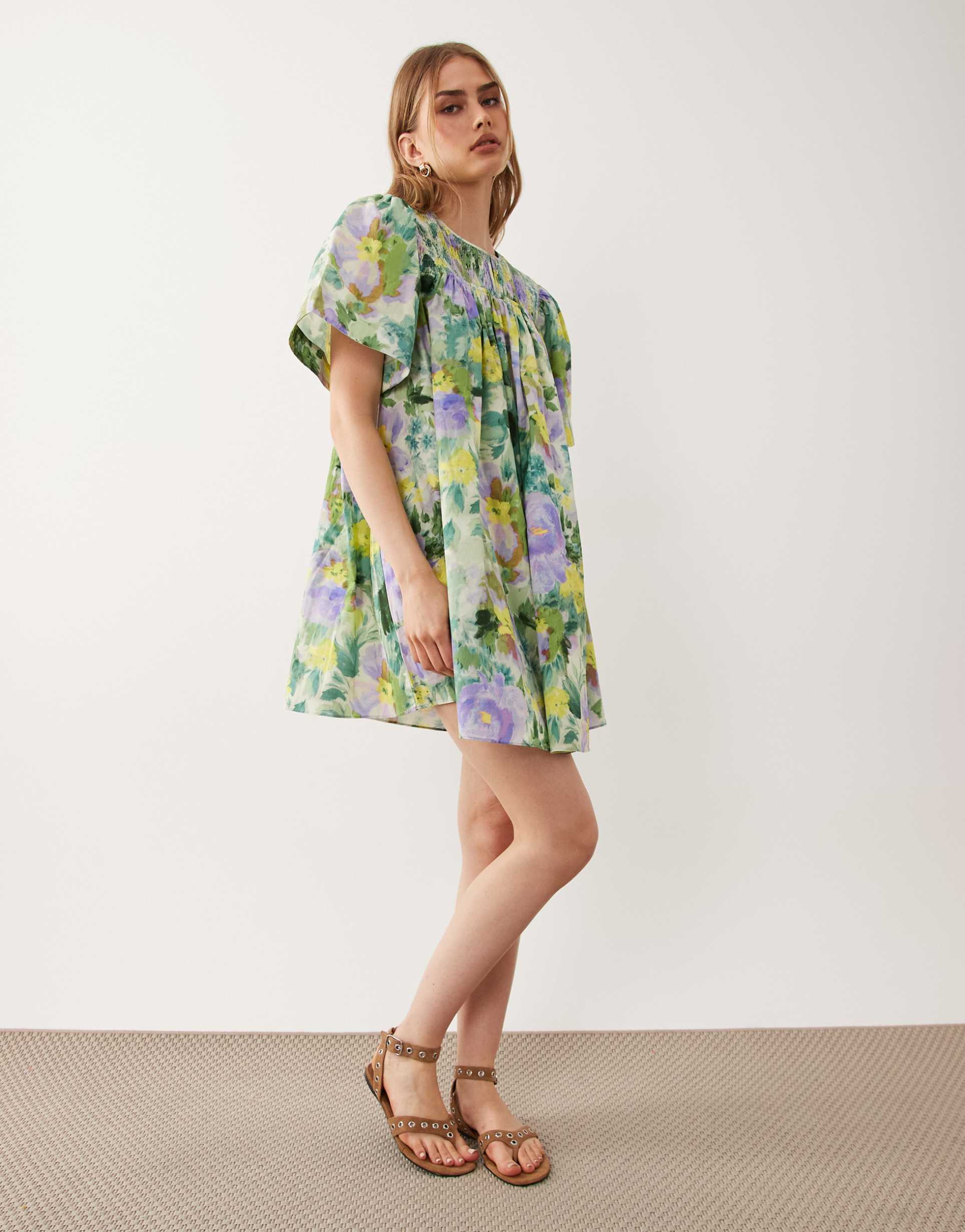 asos design crew neck shirred smock mini dress in green floral print