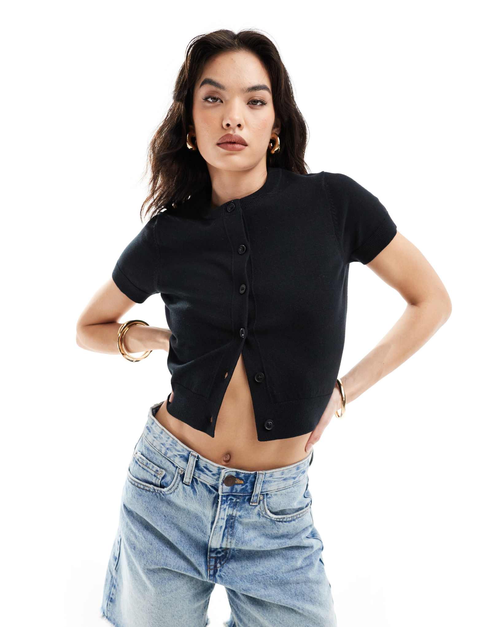 Черный кардиган с круглым вырезом и коротким рукавом от ASOS DESIGN черного цвета 5890₽