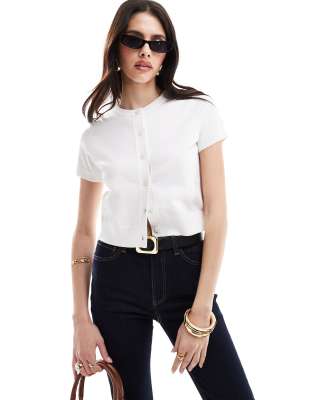 Asos Design Crew Neck Short Sleeve Cardigan In Cream-white