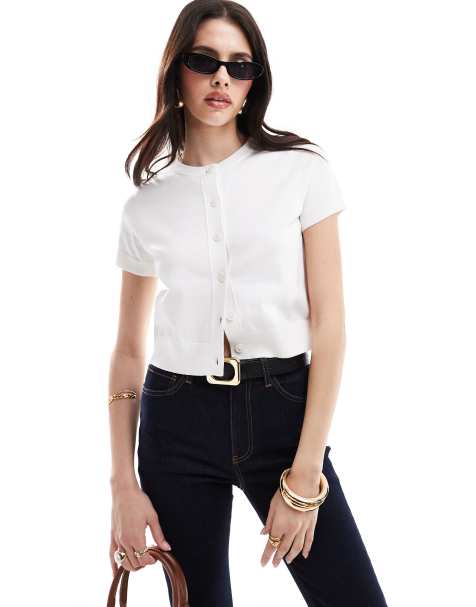 ASOS DESIGN crew neck short sleeve cardigan in cream - view 1