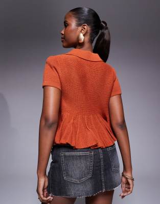 Asos Design Crew Neck Short Sleeve Cardigan With Peplum Frill Hem In Auburn