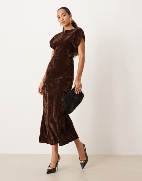 ASOS DESIGN crew neck short sleeve velvet midi dress in chocolate - view 1