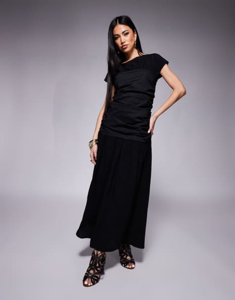 ASOS DESIGN crew neck sleeveless midi dress with gathered bodice in black - view 1