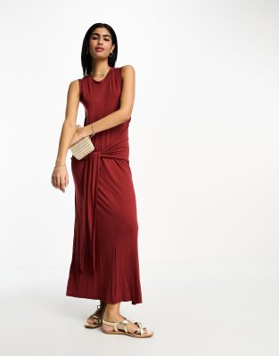 Asos Design Crew Neck Sleeveless Midi Dress With Sarong Tie Skirt In Terracotta-green