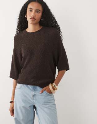 Asos Design Crew Neck Slouchy Drop Sleeve T-shirt In Brown
