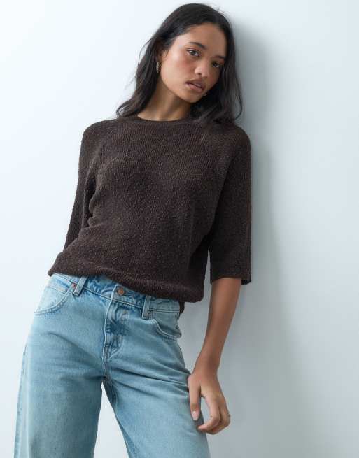 ASOS DESIGN crew neck slouchy drop sleeve t-shirt in chocolate, 4 of 5